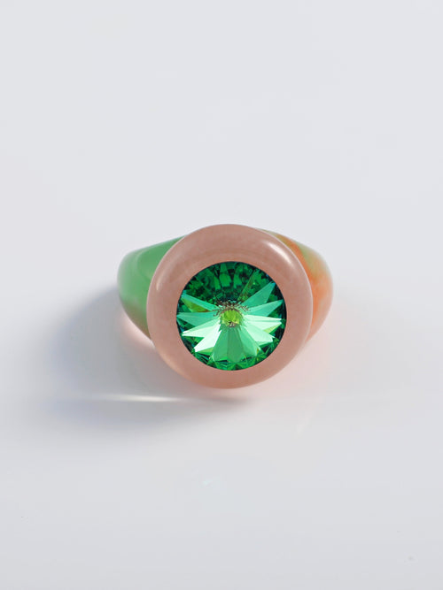 MOUNSER Raw Gradient Psychedelia Ring in Veridian Echo featuring a cushion-cut Austrian crystal and colorful acrylic resin band in tie-dyed effect