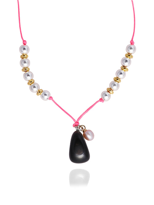 detail shot of MOUNSER Seaside Souvenir Necklace / Lanzarote colorful beaded designer choker pendant necklace