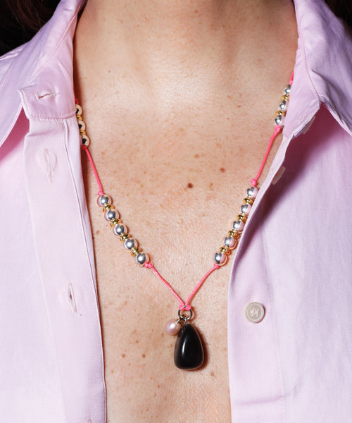 model shot of MOUNSER Seaside Souvenir Necklace / Lanzarote colorful beaded designer choker pendant necklace