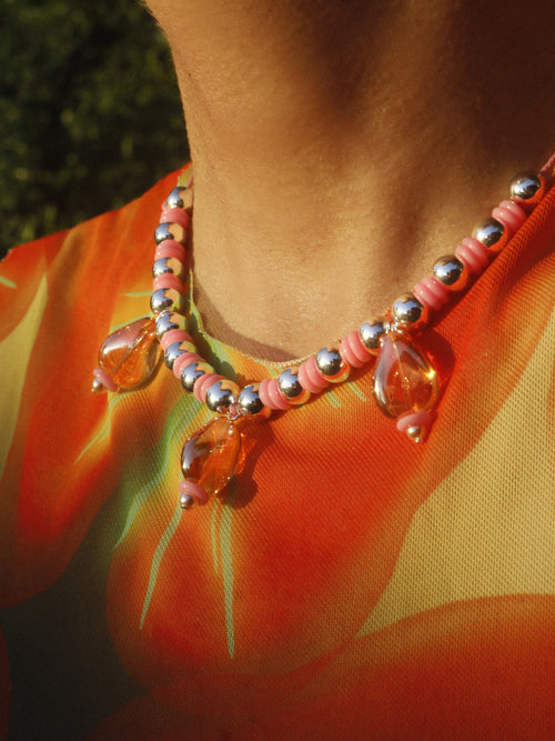 detail shot of MOUNSER Seaside Souvenir Necklace in Malibu colorful glass beaded cord choker necklace 
