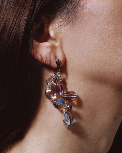 detail shot of MOUNSER Soap Earrings in Astral Purple sculptural glass beaded statement earrings.