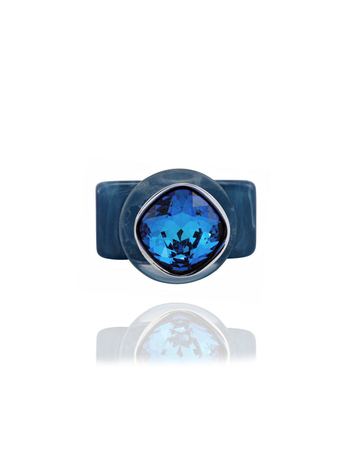 MOUNSER Spectrum Ring in Caeruleum featuring a richly colored acrylic ring band with a sparkling colorful Swarovski crystal.