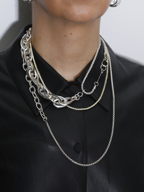 detail shot of MOUNSER Summer Chain Necklace in Sterling Silver asymmetric long box chain layered