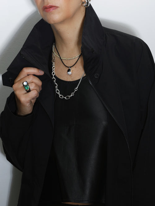 side shot of MOUNSER Summer Chain Necklace in Sterling Silver asymmetric long box chain layered