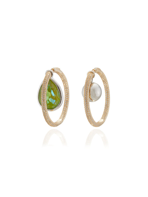 MOUNSER Viburnum Hoop Earrings in Green pavé hoop earrings with asymmetric floating crystal and orb drops.