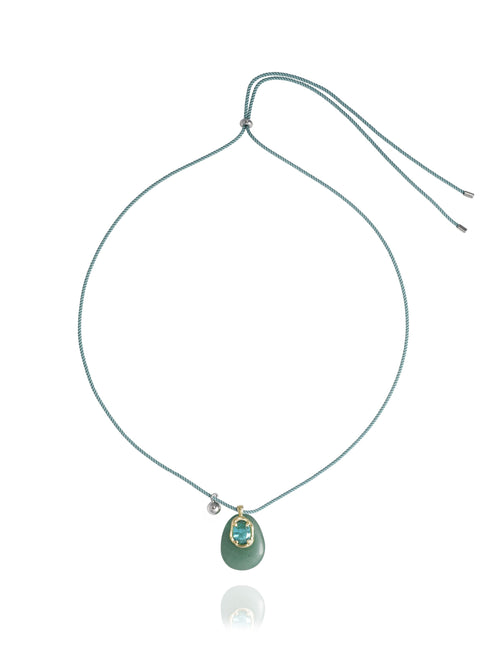 MOUNSER Nereid Necklace in Lagoon adjustable cord length, wearable as a long pendant necklace or shortened to a choker style.