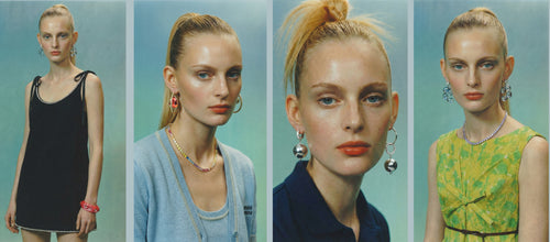 Mounser colorful crystal and resin jewelry featuring Swarovski crystal earrings, silver asymmetric hoop earrings, rainbow tennis necklace, glass beaded statement earring and colorful resin bangle bracelets.