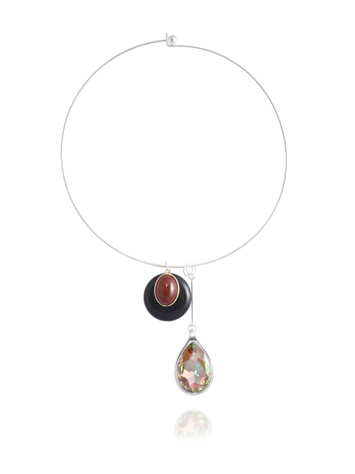 
MOUNSER Rega Collar Necklace in Caviar, featuring a minimal rhodium-plated brass collar with suspended obsidian and bordeaux amethyst domed pendant and elongated Austrian crystal teardrop pendant, on white background.
