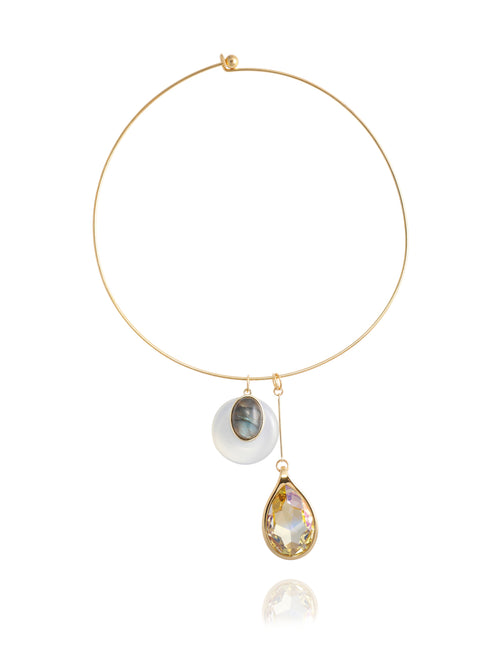 
MOUNSER Rega Collar Necklace in Champagne, featuring a minimal 14k gold-plated brass collar with suspended white quartz and labradorite domed pendant and elongated Austrian crystal teardrop pendant, on white background.
