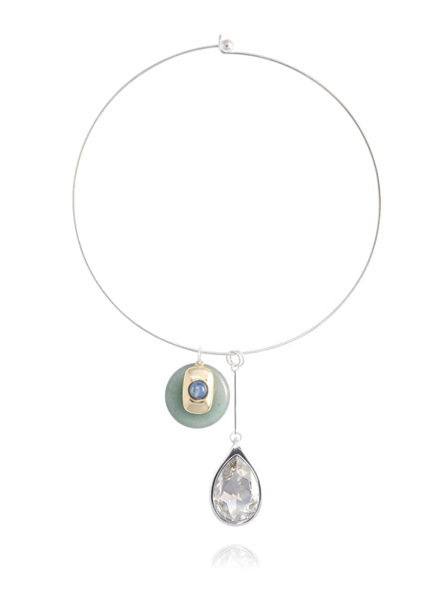 MOUNSER Rega Collar Necklace in Cucumber, featuring a minimal rhodium-plated brass collar with suspended jade disc pendant with 14k gold-plated brass accent and blue kyanite, and elongated clear Austrian crystal teardrop pendant, on white background.