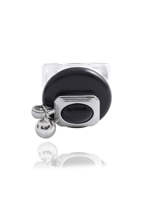 MOUNSER Rizzo Ring in Ink Lacquer, featuring a clear acrylic resin band, oversized obsidian disc, rhodium-plated brass setting with obsidian oval, and petite orb charms, on white background.