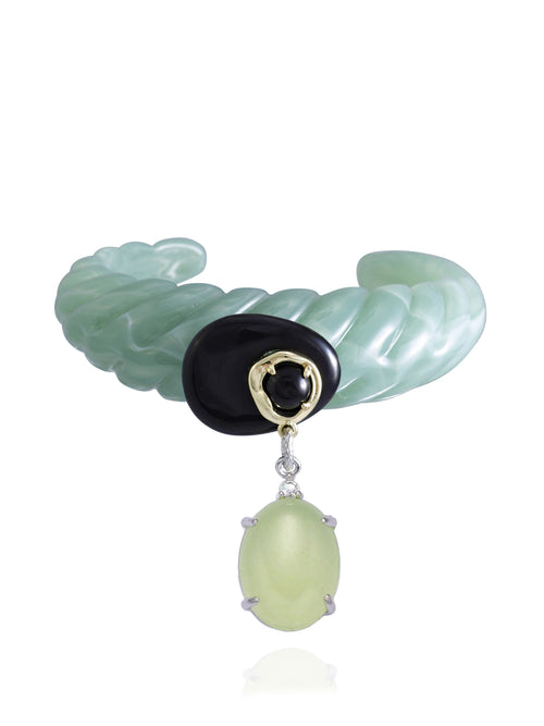 MOUNSER Scallop Drop Cuff in Sea Foam — sea foam green resin open cuff bracelet with obsidian cabochon and oval jade drop, handcrafted to order in Los Angeles