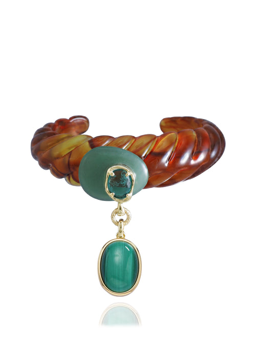 MOUNSER Scallop Drop Cuff in Tortoise Shell — amber brown resin open cuff bracelet with aventurine disc and oversized malachite drop, handcrafted to order in Los Angeles