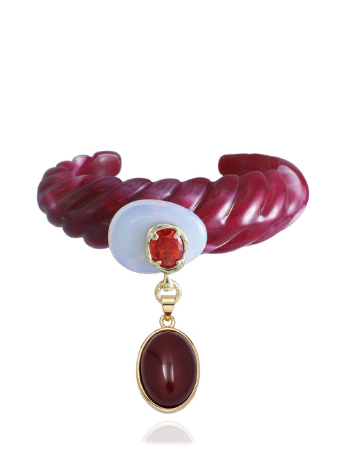 MOUNSER Scallop Drop Cuff in Urchin Red — oxblood red resin open cuff bracelet with opalite disc and oversized amethyst drop, handcrafted to order in Los Angeles