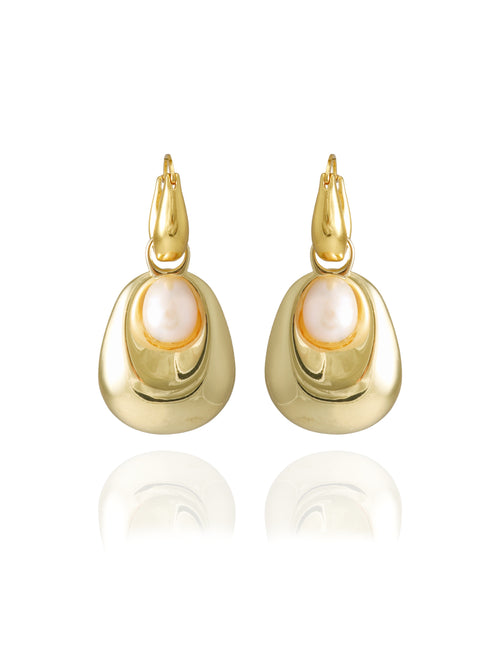 MOUNSER Tide Pool Earrings — sculptural freeform puffed drop earrings set with a freshwater pearl on a 14k gold-plated huggie hoop, handcrafted to order in Los Angeles