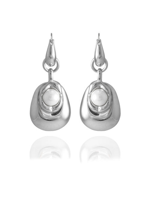 MOUNSER Tide Pool Earrings in Silver — sculptural freeform puffed drop earrings set with a freshwater pearl on a sterling silver huggie hoop, handcrafted to order in Los Angeles