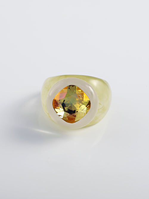 Mounser Studio milky acrylic resin ring with faceted Austrian crystal and sculptural design
