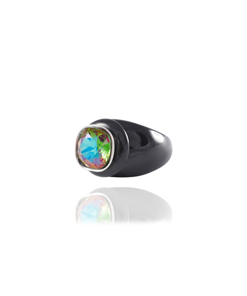 Swarovski Black crystal ring with a green gemstone 