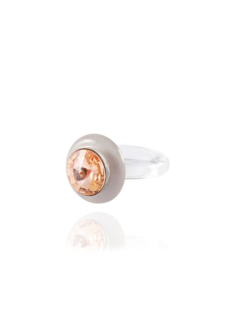 angle shot of MOUNSER Disco Ring in Lingerie featuring colorful acrylic resin and Swarovski crystal gemstone