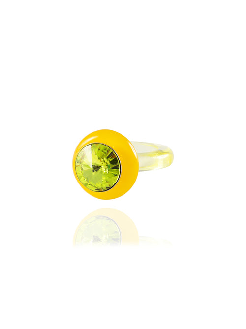 angle shot of MOUNSER Disco Ring in Yuzu featuring colorful acrylic resin and Swarovski crystal gemstone