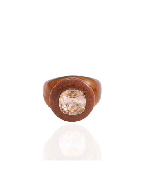 MOUNSER Bliss Ring in Clay, front view: peach cushion-cut crystal in sterling silver on a brown domed resin band.