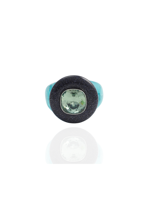 MOUNSER Bliss Ring in Wintergreen, front view: green cushion-cut crystal in sterling silver on a teal domed resin band.