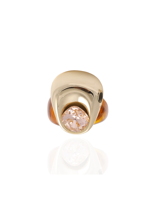 MOUNSER Mylar Ring in Gold, front view: free-form chrome centerpiece with a peach crystal on a brown resin band.