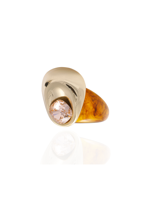 Side profile of the MOUNSER Mylar Ring in Gold showing its sculptural 14k gold-plated centerpiece and milky translucent brown band.