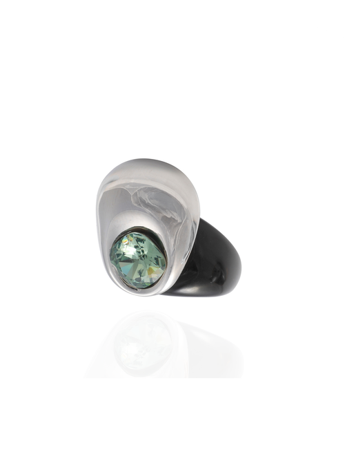 Side profile of the MOUNSER Mylar Ring in Silver showing its sculptural rhodium-plated centerpiece and glossy black band.
