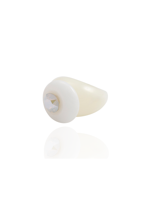 Side profile of the MOUNSER Orbital Ring in Griege showing the white jade gemstone disc and milky marbled resin band.