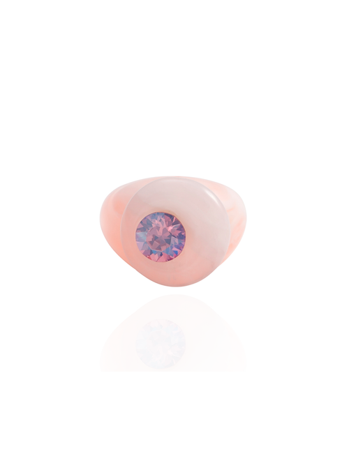 MOUNSER Orbital Ring in Rosa Aurora, front view: natural rose quartz disc with an iridescent pink crystal on a pink resin band.