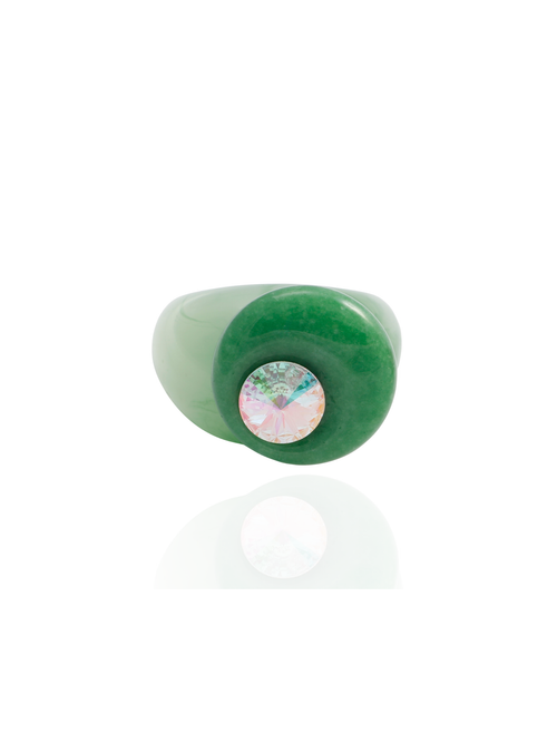 MOUNSER Orbital Ring in Viridis, front view: natural jade disc with an iridescent crystal on a green resin band.