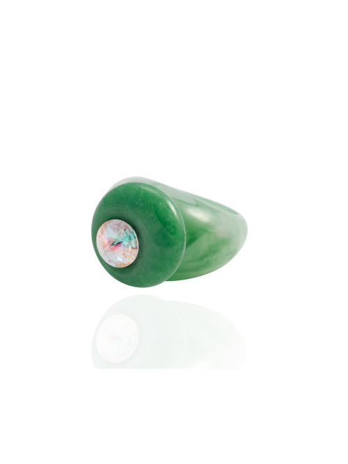 Side profile of the MOUNSER Orbital Ring in Viridis showing the green jade gemstone disc and milky marbled resin band.
