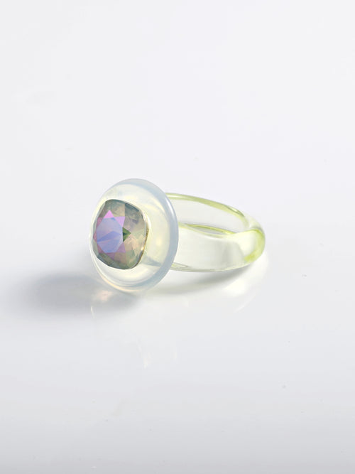 side view of MOUNSER Raw Gradient Cellophane Ring in Crystalline Veil featuring a Swarovski crystal and acrylic resin band