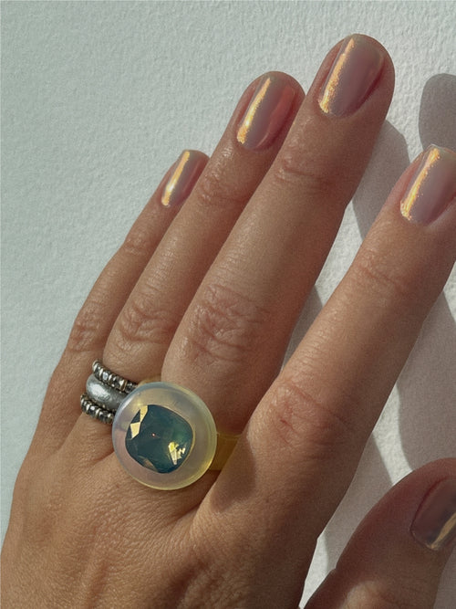 MOUNSER Raw Gradient Cellophane Ring in Crystalline Veil featuring an irridescent cushion-cut Austrian crystal and acrylic resin band 