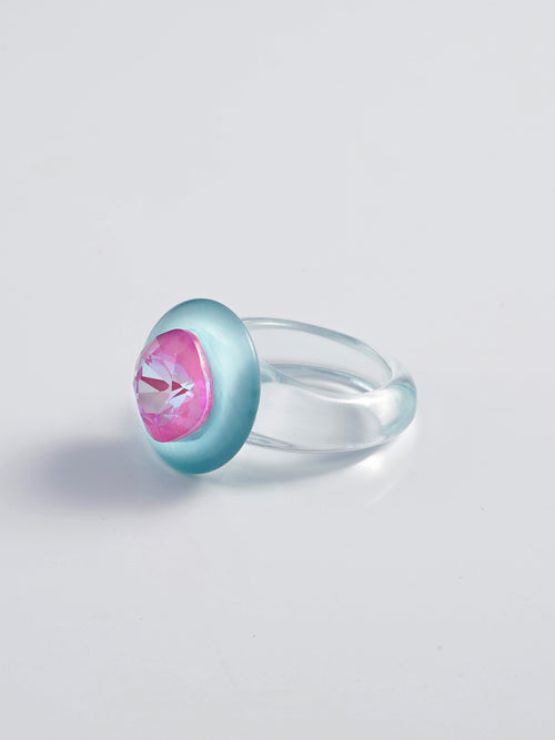 side view of MOUNSER Raw Gradient Cellophane Ring in Opalescent Aurora featuring a Swarovski crystal and acrylic resin band