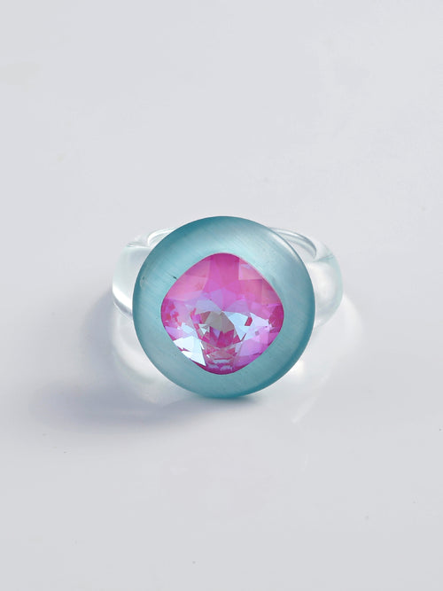 MOUNSER Raw Gradient Cellophane Ring in Opalescent Aurora featuring a cushion-cut Austrian crystal and acrylic resin band