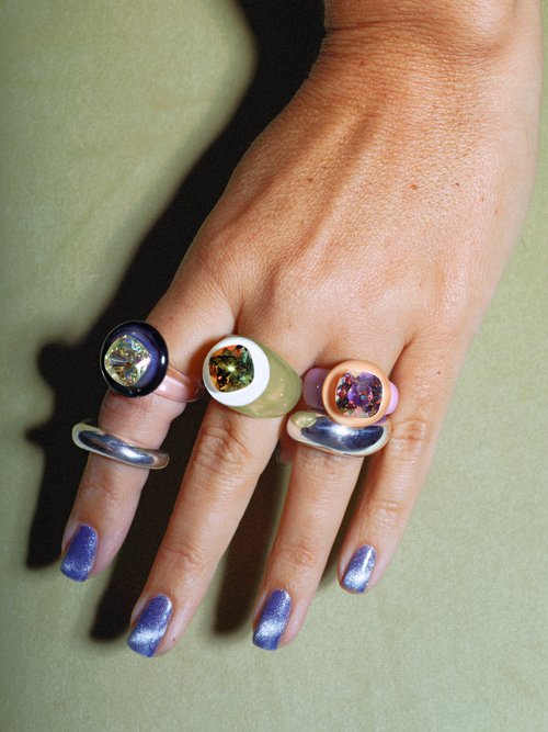 MOUNSER Raw Gradient Ring Pop in Serene Interlude worn on hand showing sculptural resin band and crystal center stone