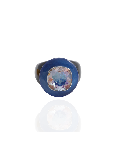 MOUNSER Ring Pop in Elderberry, front view: iridescent lavender cushion-cut crystal in sterling silver on a blue and black resin band.