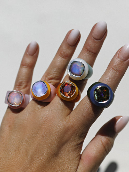 Model wearing MOUNSER Ring Pop in Art Deco colorful sculptural cocktail ring