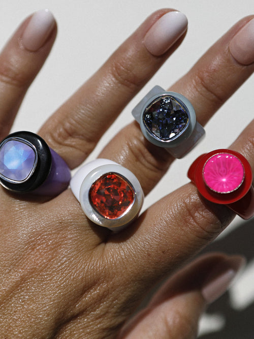 On hand shot of MOUNSER Ring Pop in Bissou colorful sculptural cocktail ring