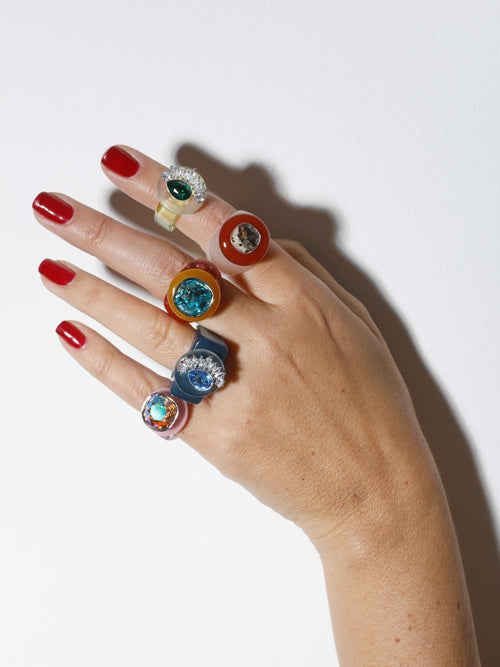 On hand shot of MOUNSER Ring Pop in Nurture colorful sculptural cocktail ring
