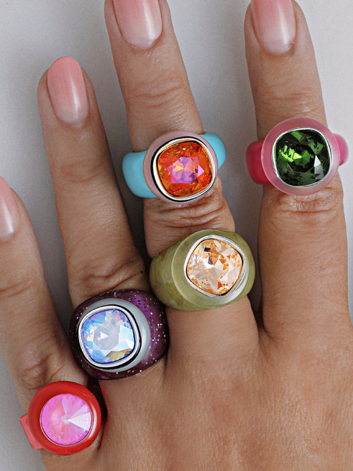 Model wearing MOUNSER Ring Pop in Foam colorful sculptural cocktail ring