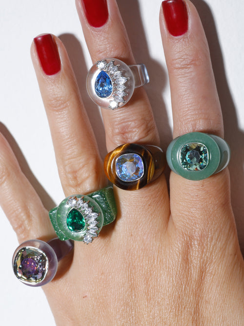 Model wearing MOUNSER Ring Pop in Heather colorful sculptural cocktail ring