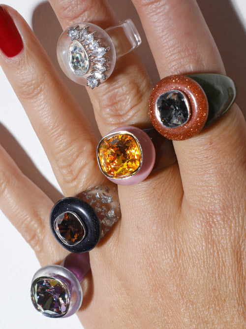 On hand studio shot of MOUNSER Ring Pop in Heather purple sculptural cocktail ring