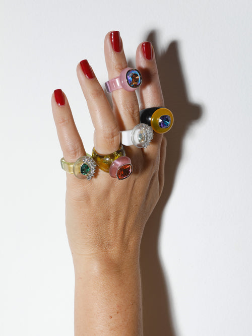 Model wearing MOUNSER Ring Pop in Ikebana colorful sculptural cocktail ring