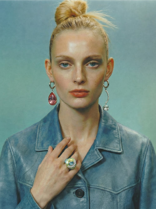 Model wearing MOUNSER Ring Pop in Mermaid colorful sculptural cocktail ring