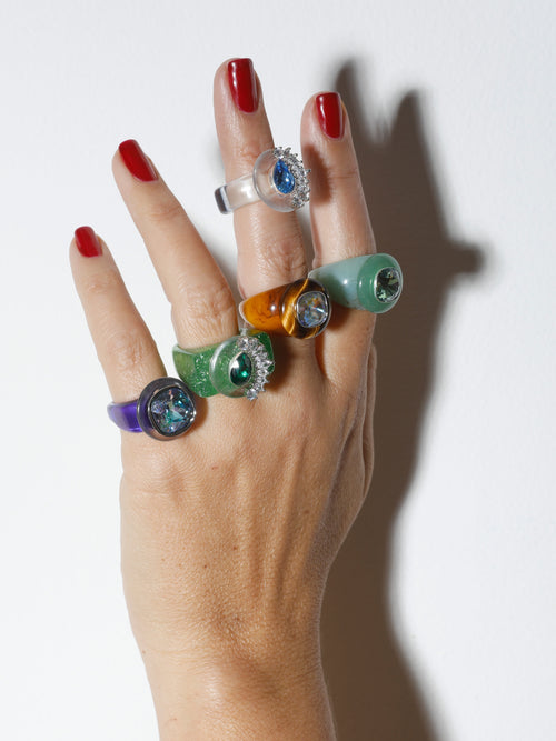 Model wearing MOUNSER Ring Pop in Nature colorful sculptural cocktail ring