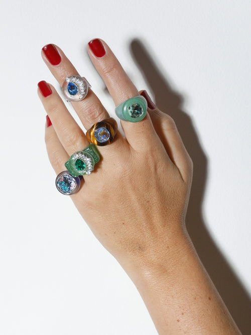 On hand shot of MOUNSER Ring Pop in Nature colorful sculptural cocktail ring