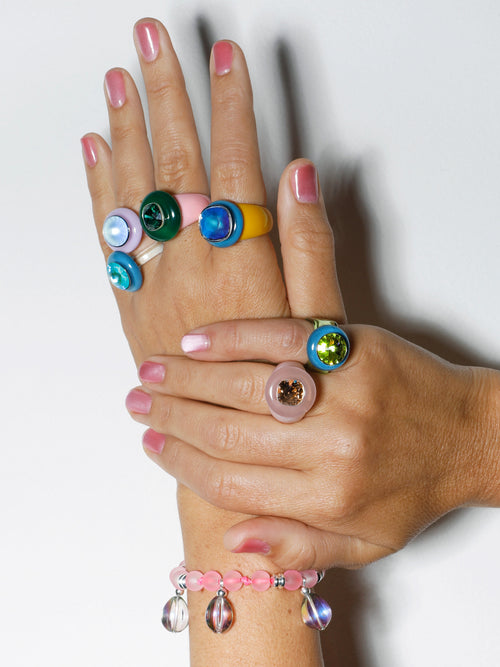 Model wearing MOUNSER Ring Pop in Norfolk colorful sculptural cocktail ring